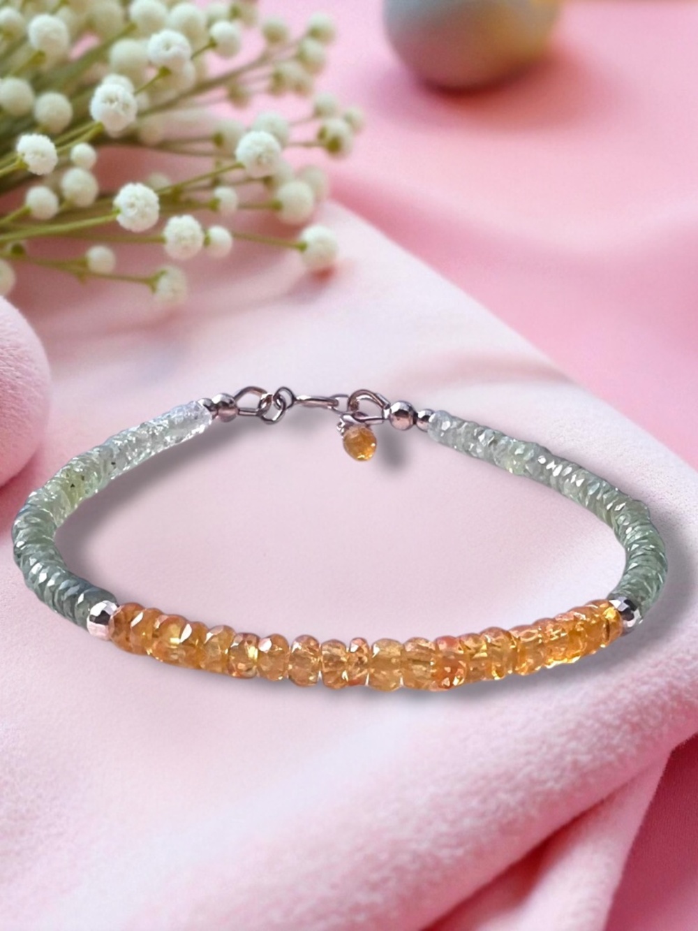 New Natural Orange Green Sapphire Bracelet Solid 14K Rose Gold , 7" - 7.4"